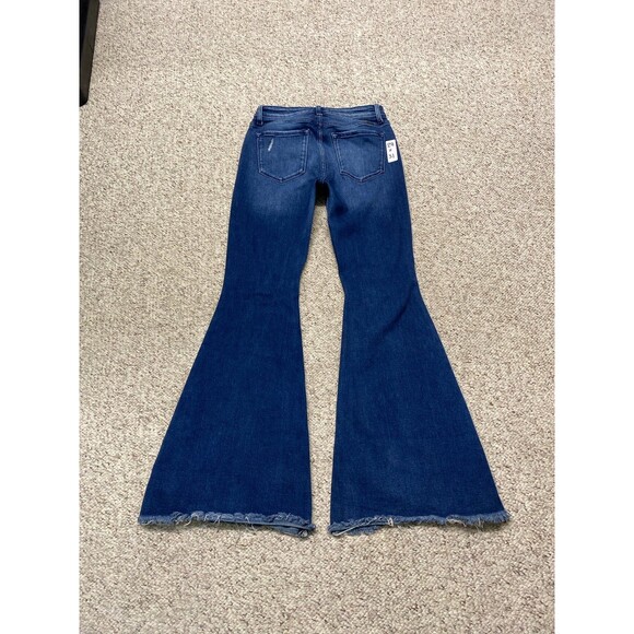 28 Kancan High Rise Distressed Flare Raw Fray Hem Dark Wash Blue - Picture 5 of 7